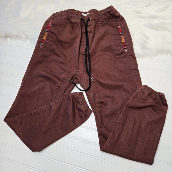 Winter Like Wowie Pants Men's Small Brown Jogger Aztec Trim Drawstring Pull On - Picture 1 of 9